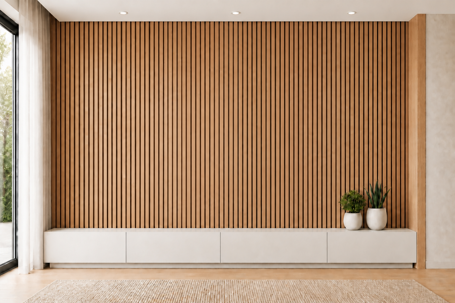 High-definition modern living room with a clean wall of perfectly aligned vertical oak slats